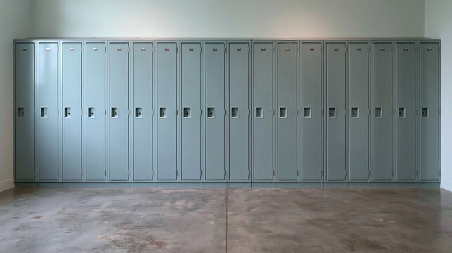 Row of Metal Lockers: An orderly arrangement of light blue metal lockers stands against a plain wall, their uniform doors and handles creating a sense of institutional uniformity.