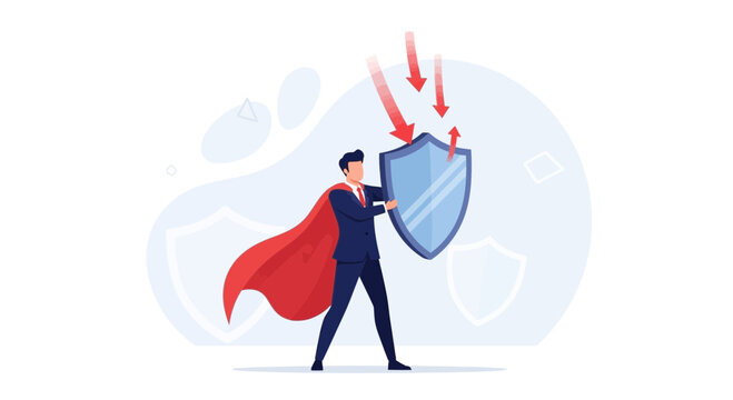 Superhero businessman with cape and shield protecting against attacks, symbolizing defense, security, and resilience in business.