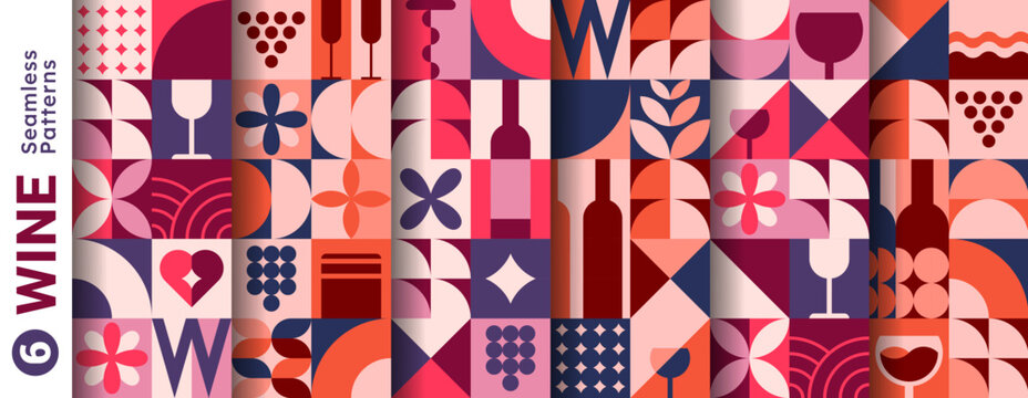 Wine, winemaking and winery geometric seamless patterns. Modern abstract seamless pattern set featuring bottles, glasses, grape clusters and floral motifs in purple and peach tones for textile prints