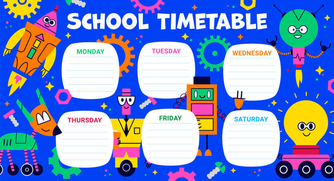 School education timetable schedule with funny robot droids. Kids course weekly planner, lesson timetable or student activity schedule with cartoon cute robot droids and AI bot toy characters
