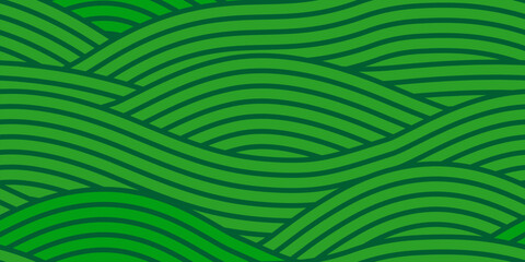 Fototapeta premium Agriculture farm field wavy seamless pattern with green farmland background. Farm wavy pattern of plantation or grass on meadow and rice hills for farming landscape or plants in line wave bg