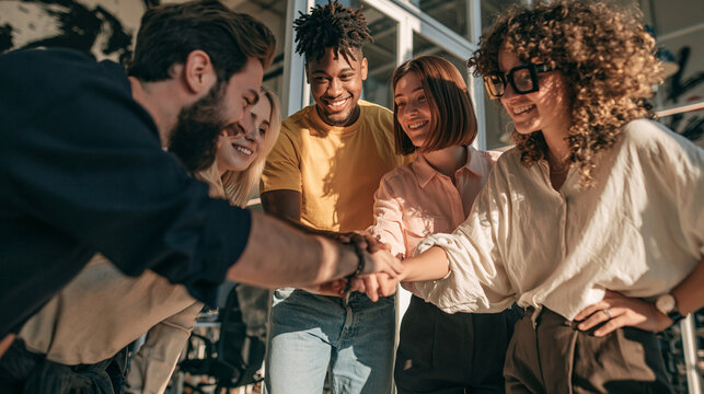 Teamwork Huddle: A diverse group of young professionals put their hands together in a sign of unity and collaboration, smiling and engaged in a shared endeavor.