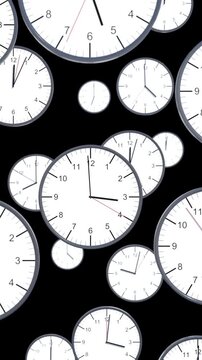 Group of watches with a rapidly rotating second hand and minute hand. Time, clock, date, time measuring, past, future, eternity.