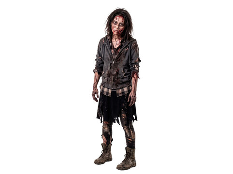 Terrifying female zombie with tattered clothes and gruesome makeup for Halloween horror PNG Isolated on transparent background