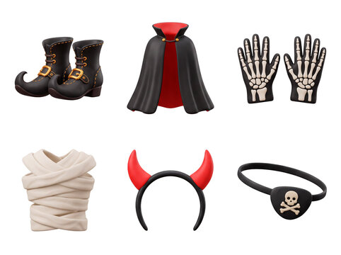 Collection of Halloween costume accessories including witch boots, vampire cape, skeleton gloves, mummy wrap, devil horns, and pirate eye patch PNG Isolated on transparent background