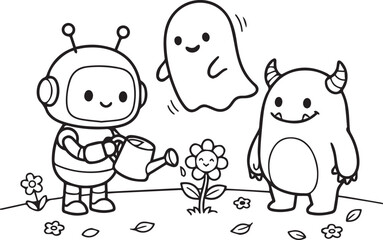 Naklejka premium Cute robot, ghost, and monster characters watering a flower together in a garden