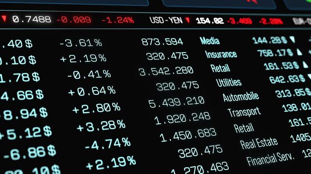 Stock market and exchange sector data, trading information, prices up and down.  Currency exchange rates ticker, volatile markets, making money, trading screen, growth, investment, risk, business.