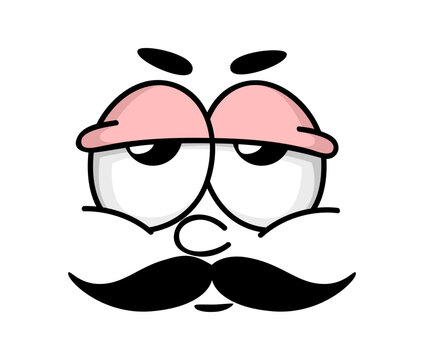 Cartoon character face with tired facial emotion. Sad expression features sleepy half closed eyes with pink eyelids, and black mustaches. Joyless face for emoji packs and messaging apps