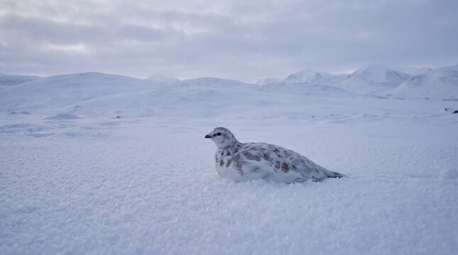 Ptarmigan rests in pristine snow, capturing quiet natural camouflage and serenity.