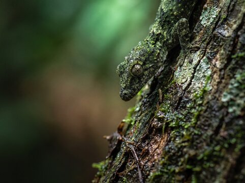 Leaf-tailed Gecko resting on mossy bark in deep tropical rainforest setting.