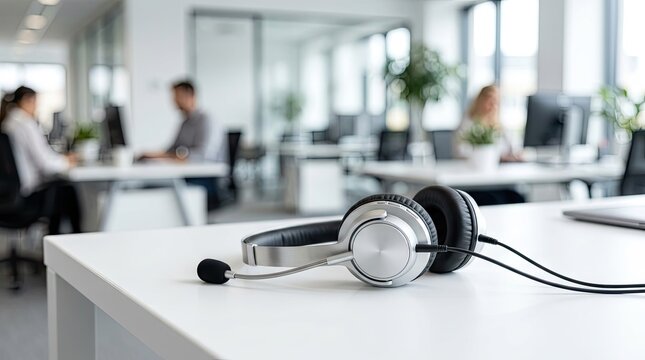 Communication headset on desk with blurred office agents background.