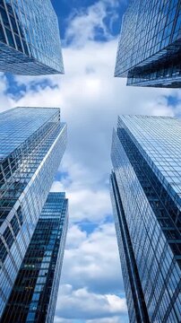 Low Angle View of Glass Skyscrapers with Fast Moving Clouds in Blue Sky