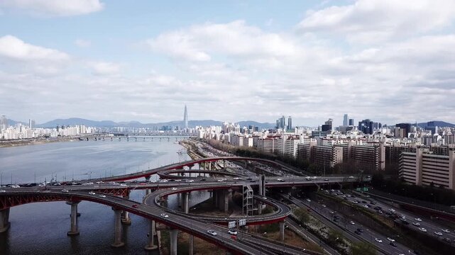 Aerial view of Seongsu bridge and seoul city skyline at han river in Seoul,South Korea.