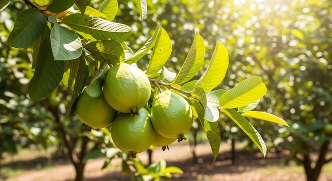 Fresh green guava fruits growing on a tree branch in a sunny orchard garden