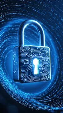 Glowing Digital Padlock in Network Data Stream Cyber Security Concept