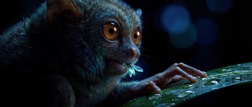 Tarsier holding an insect in a jungle leaf at night.