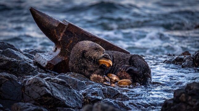 Playful sea otter resting among shellfish and an anvil on dark rock