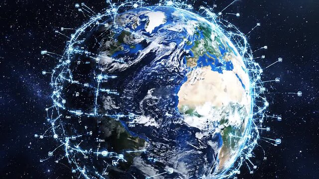 Planet Earth in Space with Digital Network Global Communication Lines Background