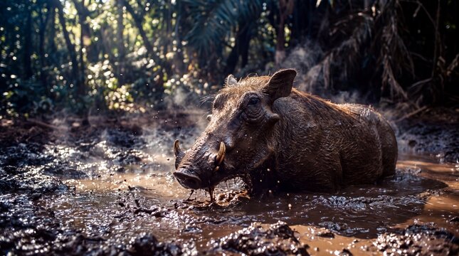 Warthog wallowing in mud, showing visceral wildlife activity in the jungle