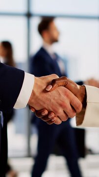 Close Up Business People Shaking Hands in Modern Office Background