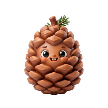 Cute cartoon pine cone character with a happy face and a sprig of evergreen leaves, perfect for autumn themes PNG Isolated on transparent background