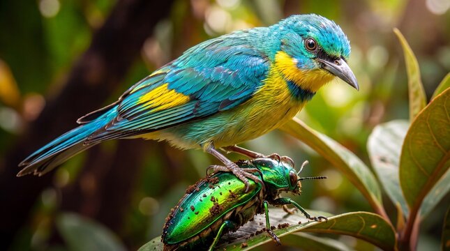 Vibrant bee-eater perches on emerald beetle amid lush tropical foliage
