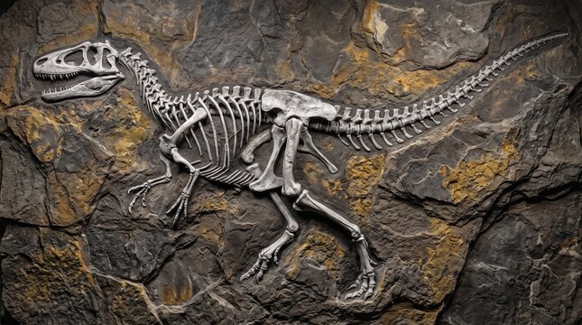 Detailed fossilized skeleton of a prehistoric dinosaur embedded in textured rock, showcasing ancient life.