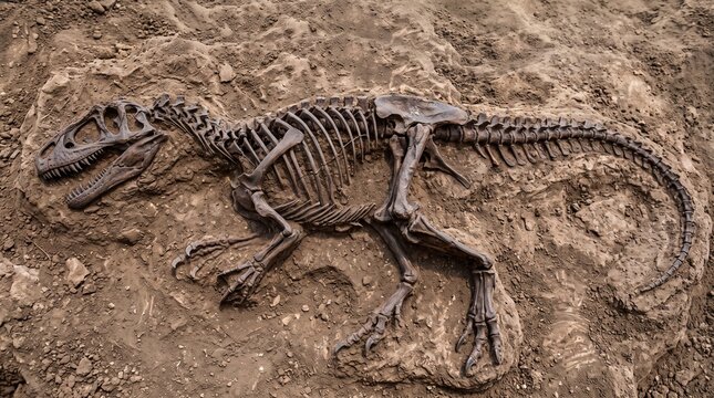 Well-preserved dinosaur skeleton fossil unearthed from ancient rock formation.