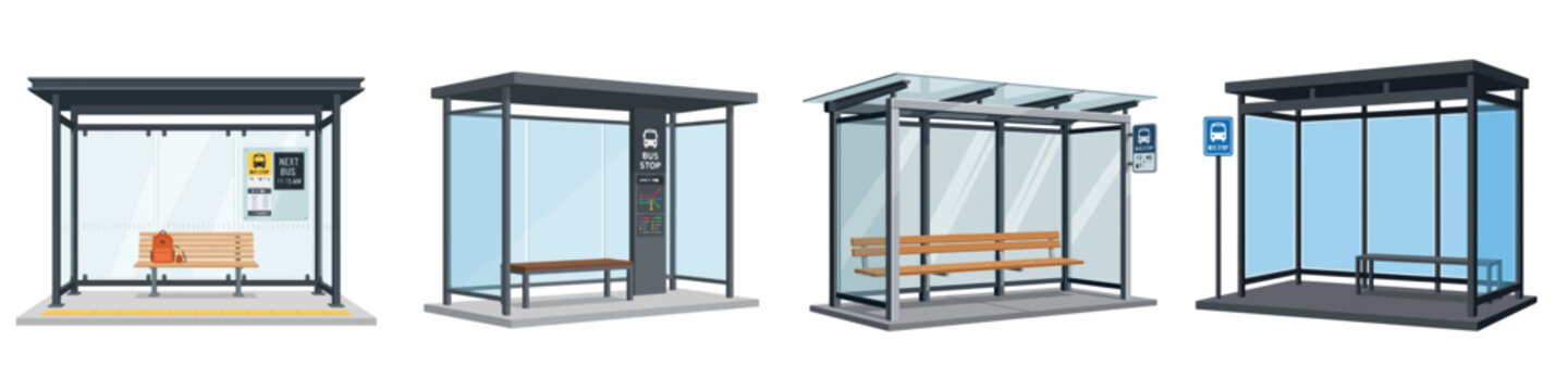 Modern bus stop shelter designs set isolated on white background