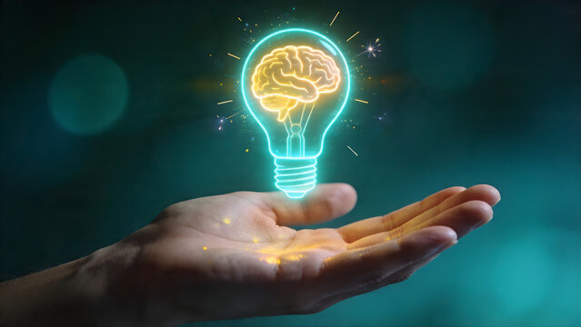 Creative Idea Concept with Brain Inside Glowing Light Bulb