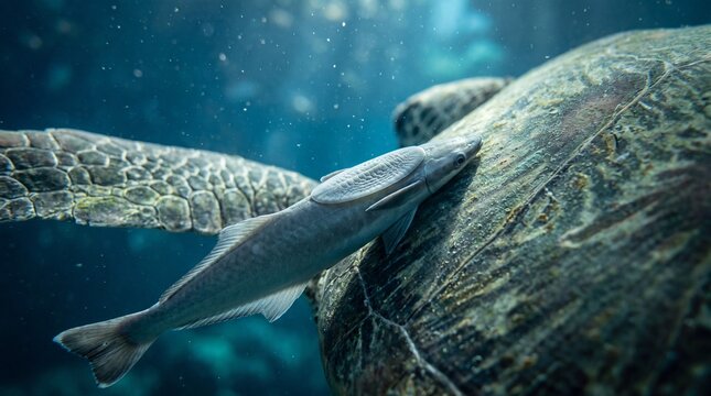 Sea turtle and remora shark engaging in commensalism underwater abyss