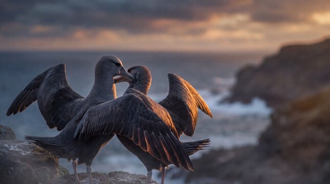Albatross pair bonding display on dramatic coastline during warm sunset light.