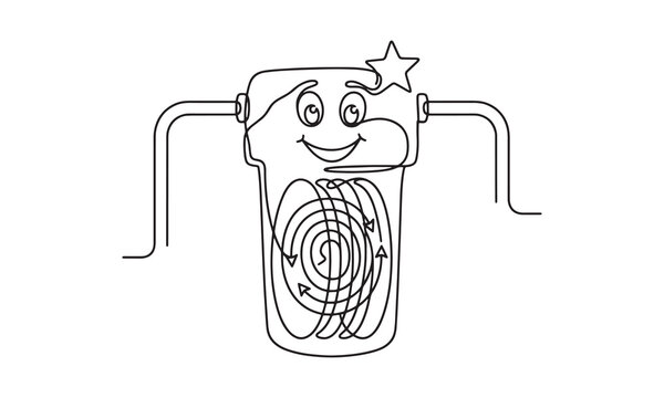 Continuous line of a water filter cartridge with a happy cartoon face and a star, featuring internal swirling flow patterns and pipe connections, isolated on a white background