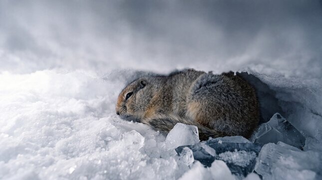 Hibernating arctic ground squirrel resting in crystal snow den with ice.