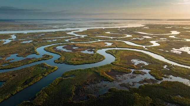 Serpentine marsh channels winding through deep emerald wetland at dawn