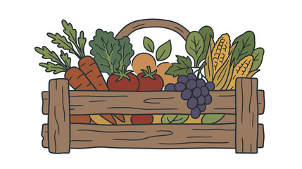 Fototapeta premium Hand-drawn wooden crate overflowing with fresh produce