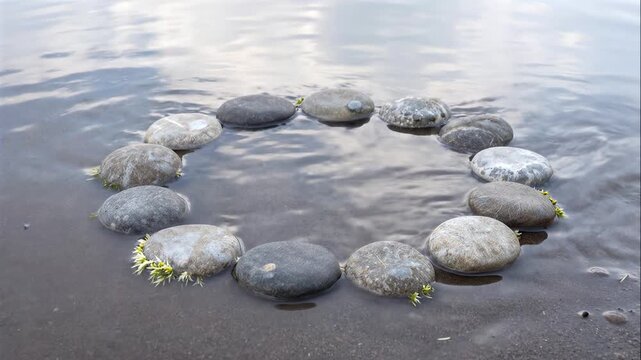 Balanced Zen River Stones Arranged in Geometric Pattern
