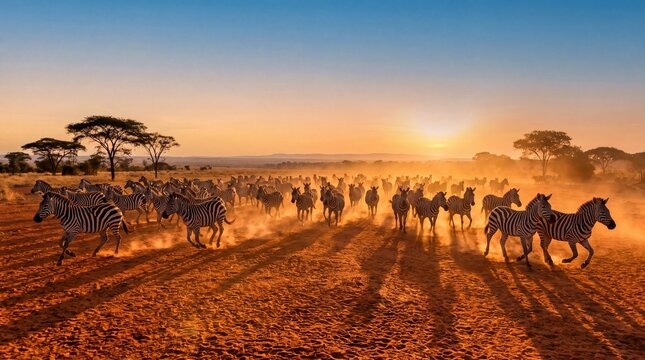 Majestic zebra herd traversing dusty plains during the warm sunset.