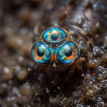 Detailed view of the mantis shrimp eye with vivid blue and green colors