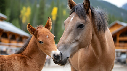 Fototapeta premium Close-up of a young foal standing beside its mother in a peaceful pasture, with a soft mane blowing gently in the countryside breeze.