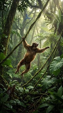 Indri lemur leaps dynamically through tropical rainforest canopy.