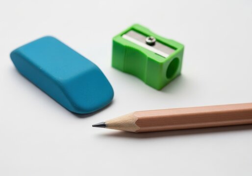 Pencil, eraser, and sharpener isolated on white background