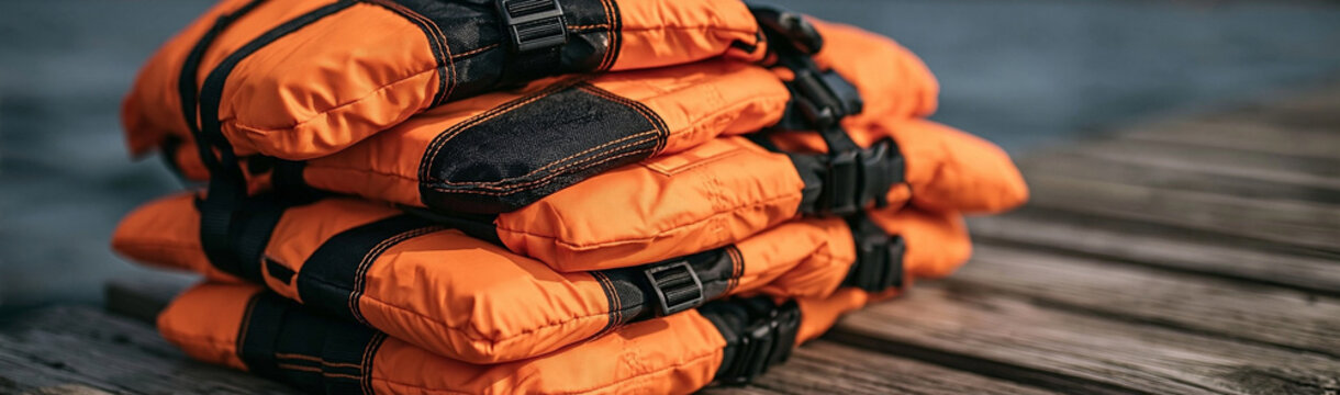Stack of Orange Life Jackets: A pile of vibrant orange life jackets neatly stacked on a wooden surface, ready for water adventures and ensuring safety on the sea.