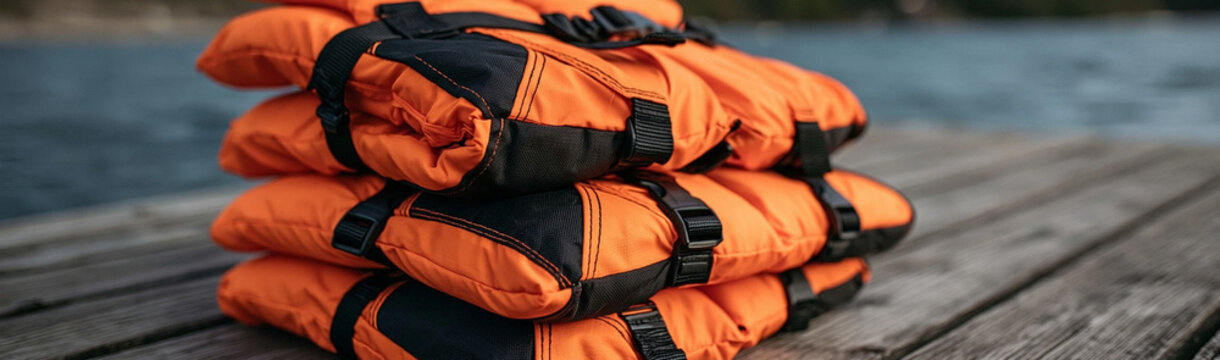 Stacked Life Jackets: Bright orange life jackets are neatly stacked on a weathered wooden dock, ready for aquatic adventures and ensuring safety on the water.