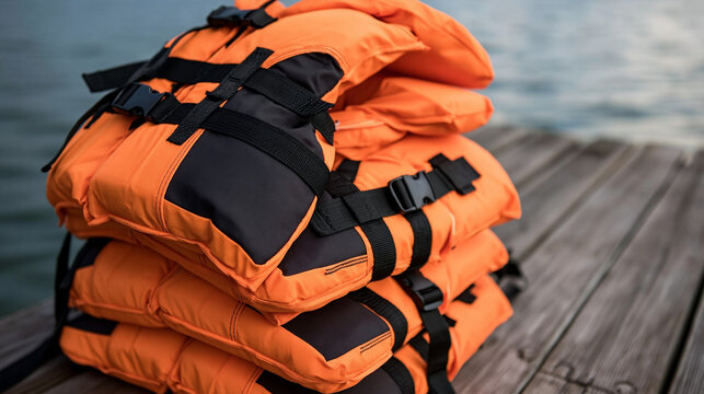 Stack of Orange Life Jackets on a Wooden Pier