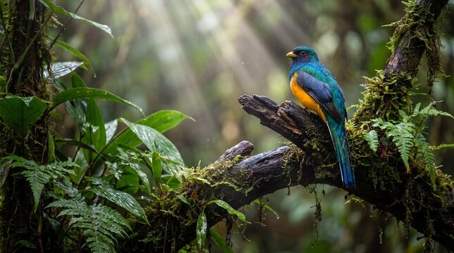 Jewel-toned trogon perched among lush jungle foliage in deep forest.