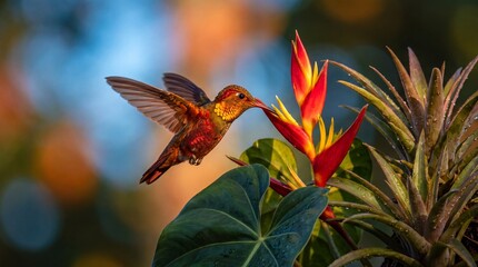 Naklejka premium Ruby hummingbird hovers before exotic bloom in rich tropical jungle