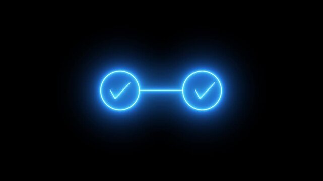 Glowing neon 3 step progress bar and timeline animation with check marks for business workflow task completion and loading screens 4k video with alpha.