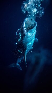 Whale shark feeding in the deep sea abyss with bioluminescent light.