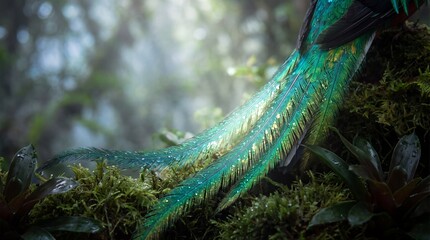 Naklejka premium Resplendent Quetzal Feathers Displaying Vibrant Color in Misty Tropical Forest